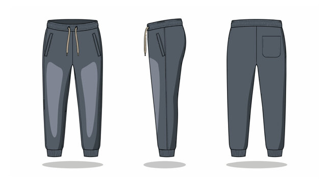 Illustration of gray sweatpants in three views.