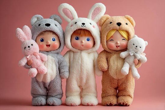 cute characters in cute pajamas holding stuffed animals
