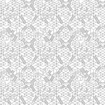 Seamless isometric maze pattern background with impossible stairs, geometric 3D cubes optical illusion, abstract monochromatic architectural line art texture featuring repeating blocks and pathways, G