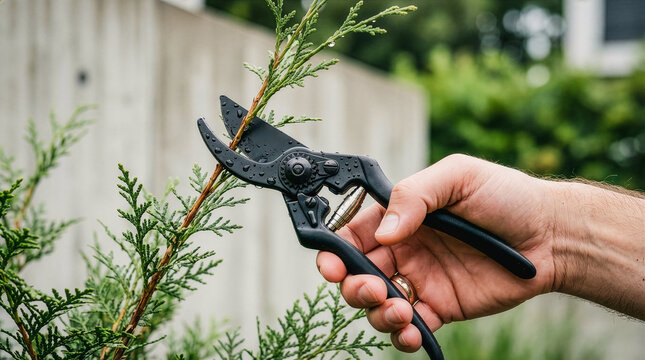 Close up of a hand using black pruner shears to cut a conifer tree branch in the garden