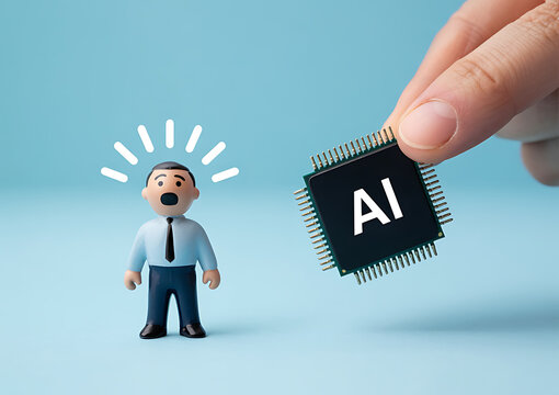 Concept of artificial intelligence and workforce impact. A hand holds an AI microchip next to a shocked worker figure. Future of technology and jobs.