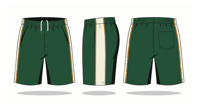 Green athletic shorts with yellow stripes.