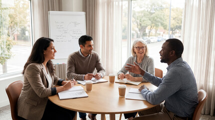 Fototapeta premium group mentorship coaching diverse team meeting guidance leadership support learning small circle listens to experienced mentor during bright collaborative session around table with notebooks for