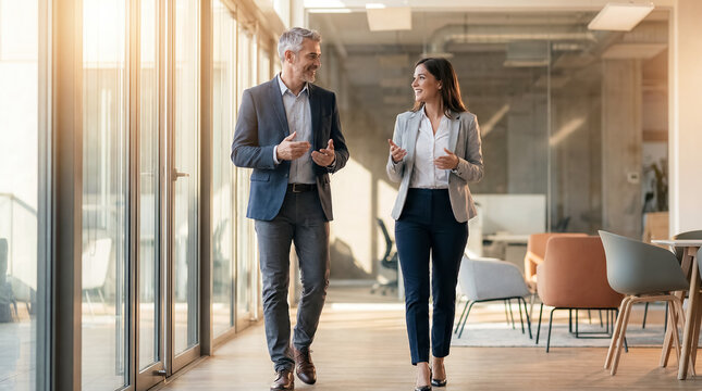office mentorship coaching mentor mentee walking career guidance leadership support senior executive and young professional walk through bright corridor discussing goals progress and next