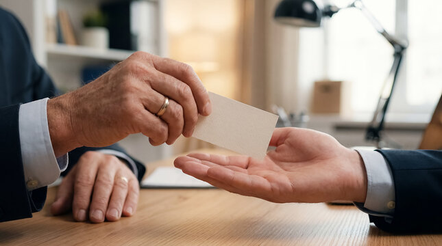 career mentorship coaching blank card mockup handover mentor mentee guidance senior hand gives clean note card to younger person during quiet office exchange about opportunity for editable business
