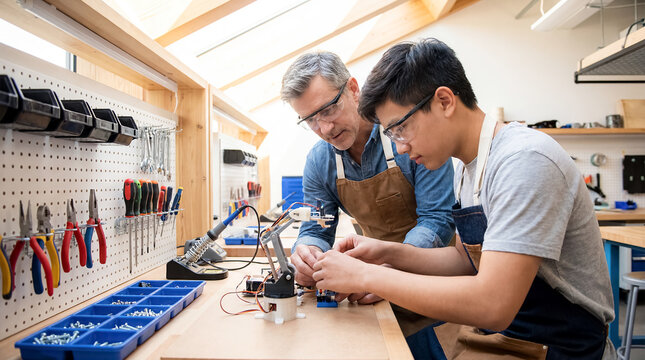 engineering mentorship training prototype mentor mentee electronics workshop skills support senior technician teaches young learner to assemble component in well equipped lab with practical