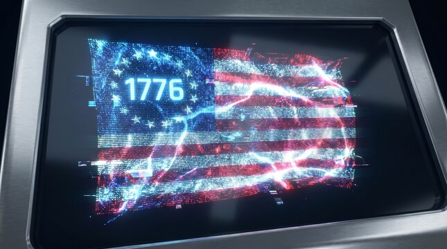 Glowing american flag with 1776 on screen display