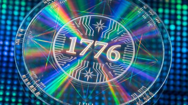 Glowing circuit board coin with 1776 and starburst effect on a colorful led background