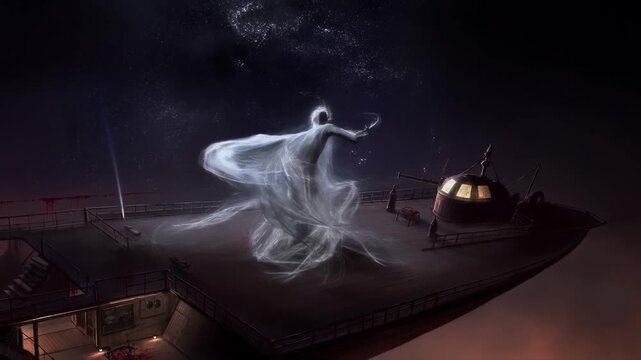 Ethereal Spirit Dances on Ghost Ship Under Starry Night Sky