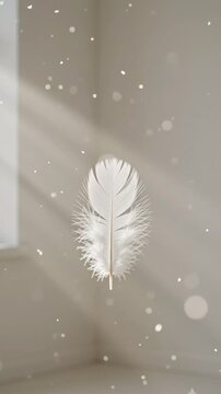 Gentle Feather Floating Gracefully with Light Rays and Dust