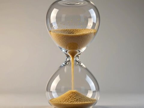 Golden Sand Flows Through Glass Hourglass Symbolizing Passing Time