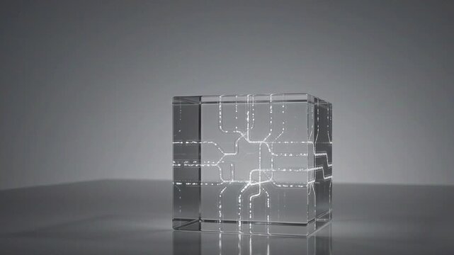Abstract Glass Cube with Glowing Circuitry Animation