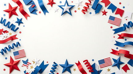 Obraz premium Festive red, white, and blue patriotic decorations forming a celebratory frame on a clean white background, ideal for national holiday designs and event promotions
