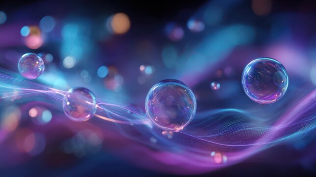 Abstract glowing waves and bubbles futuristic background purple and blue lights.