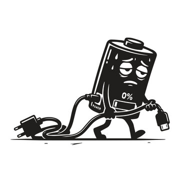 Exhausted battery character holding unplugged power cable with exhausted