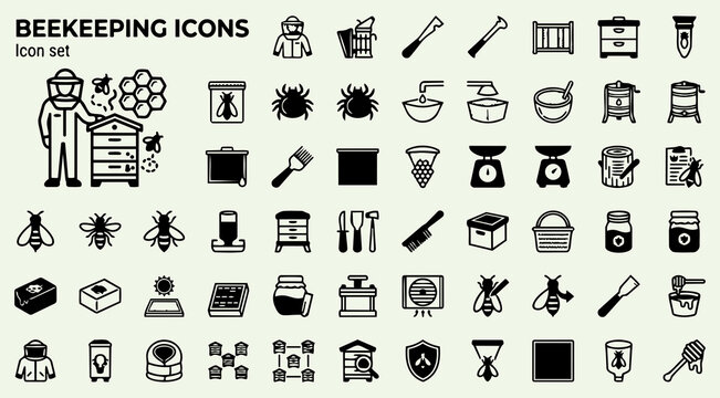 Beekeeping Hive Management Icon Set Bee Suit Smoker Hive Tool Brood Frame Honey Super Queen Cell Varroa Mite Pollen Trap Honey Extractor Uncapping Wax Swarm Capture Vector