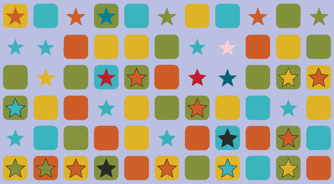Vibrant mid-century modern geometric pattern with minimalist flat colorful rounded squares and stars, Bauhaus style background in red, blue and mustard colors, retro bizarre abstract ornament