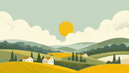 Rolling hills landscape illustration with stylized sun and textured fields © Bikas