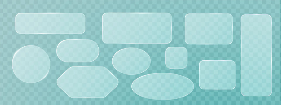 Set of glass elements in different shapes in glassmorphism style. Liquid glass effect PNG. Glass panels with liquid glass effect