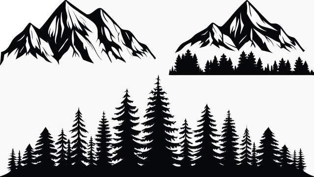 Mountain And Forest Silhouettes Black And White Vector Illustration