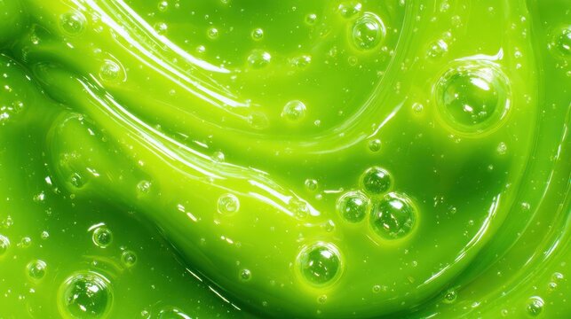 Close up of vibrant green slime with air bubbles, abstract background or texture.