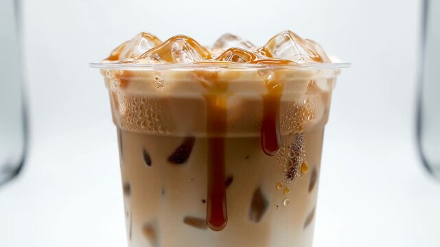 Iced caramel macchiato coffee in plastic takeaway cup.