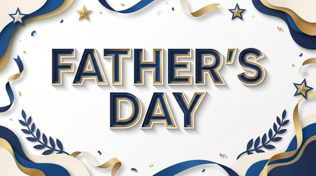 Festive Father's Day banner design with elegant blue and gold ribbons, shimmering stars, and decorative laurel accents on a bright white background