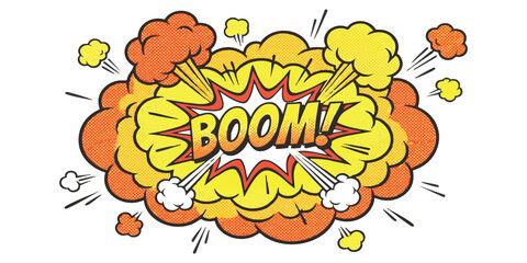 Colorful comic book style explosion graphic with the word boom written in big bold letters for action scenes © AuraGraphics