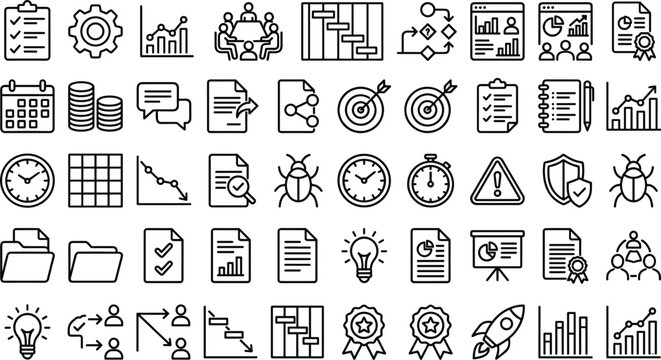 Business Workflow And Project Management Glyph Icon Set With Analytics Charts Tasks And Strategy Vector Illustration