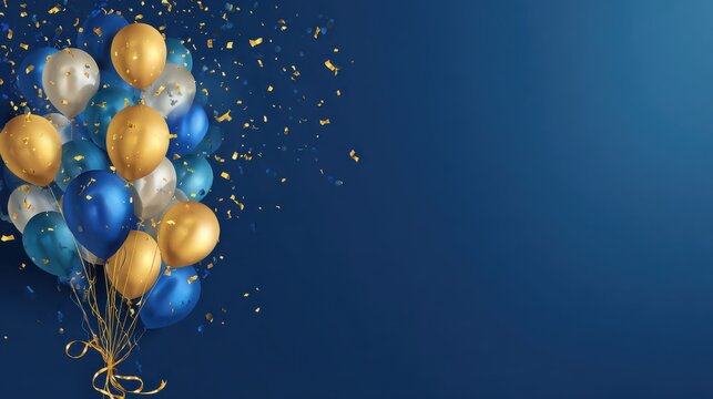Festive blue and gold balloons floating against deep navy background with golden confetti.