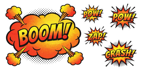 Set of colorful comic book explosion speech bubbles with sound effects like boom zap pow and crash text © AuraGraphics