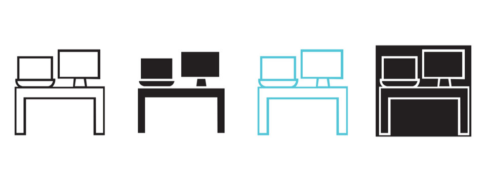 Workstation computer setup icons with desk monitor and laptop, computer