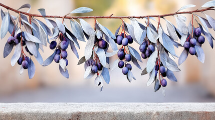 Close up of ripe blue grapes hanging on a branch over a stone wall with agriculture