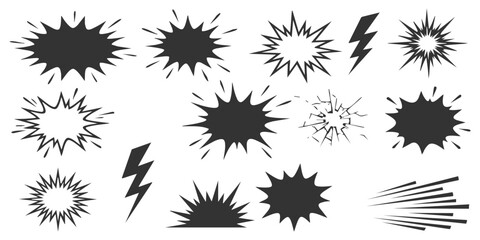 Set of comic book explosion shapes and speech bubbles with lightning bolts and speed lines for graphic design © AuraGraphics