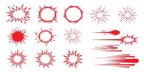 Collection of comic book style red explosion and impact effect elements for graphic design and animation © AuraGraphics