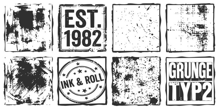 Set of eight black grunge rubber stamp textures with square frames and vintage ink splatters on paper surface