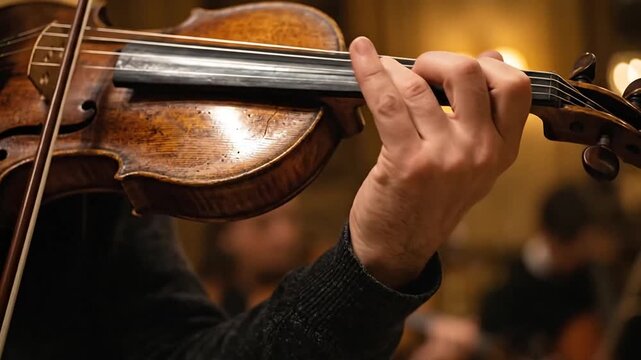 Intimate close-up of a violinist's hands playing in a dimly lit concert hall capturing musical artistry