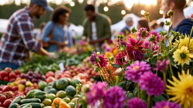 busy outdoor farmers market with organic produce and vibrant summer atmosphere