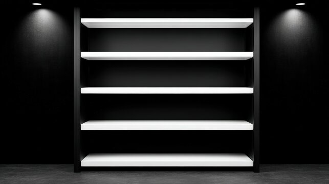 A modern, minimalist white shelving unit against a dark wall, illuminated by two overhead spotlights.