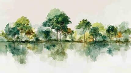 Obraz premium Watercolor painting of green trees reflecting on calm lake surface during summer season.