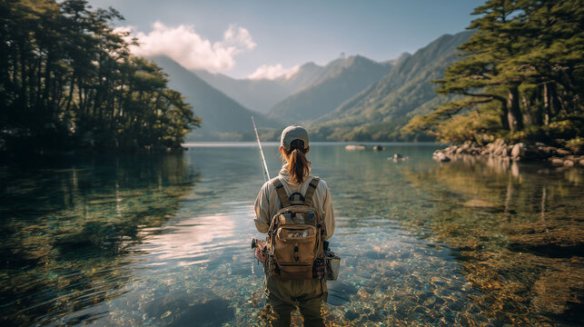 雄大な山々と湖を眺めながら釣りを楽しむ女性のリラックスした趣味時間