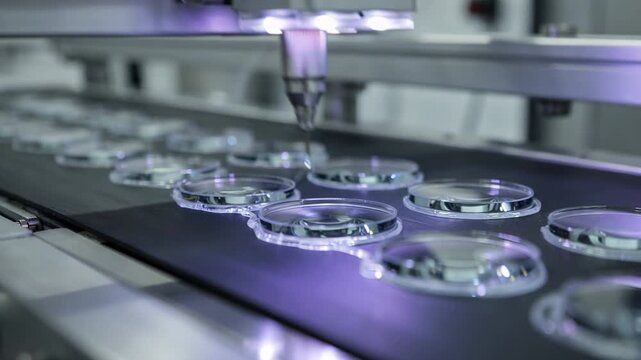 Medium shot capturing optical lenses on a conveyor passing through UVcurable adhesive station achieving flawless bonding for highperformance devices