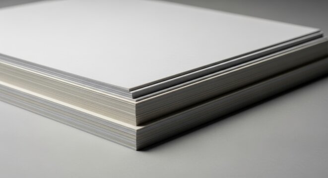 A stack of white paper sheets with subtle shade variations stacked on a light gray surface, showcasing minimalist texture and clean edges.