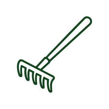 Green garden rake tool equipment.