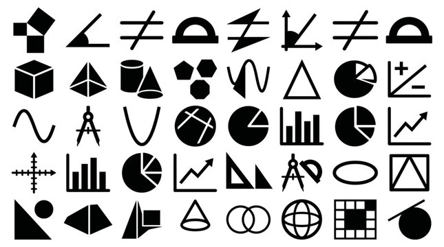 Versatile silhouette icon collection of mathematical and geometric symbols, charts, and graphs for educational, scientific, and graphic design applications, covering various concepts