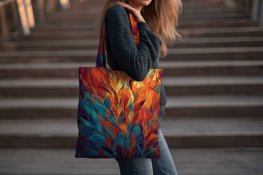 large canvas tote bag with modern abstract art print