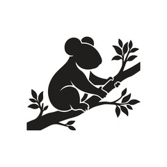 Minimalist black silhouette graphic of a koala on a branch with silhouette © saharima