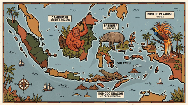 A colorful illustrated map of Indonesia featuring various wildlife and landmarks