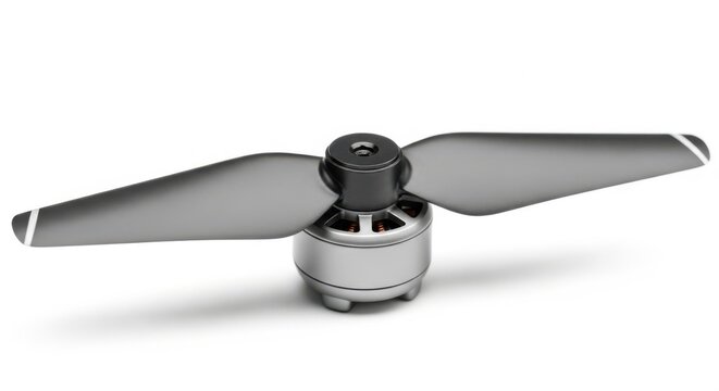 High performance drone propeller mounted on silver brushless electric motor for aviation tech