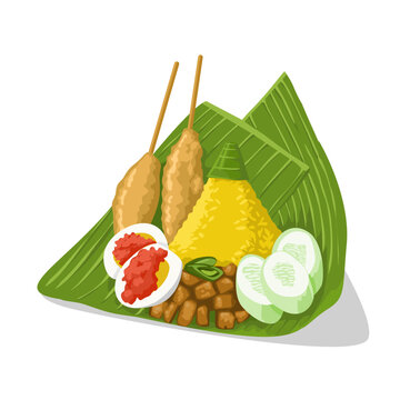 a plate with yellow tumpeng rice  fry tempe  boiled egg  satay lilit   slice cucumber on a banana leaf